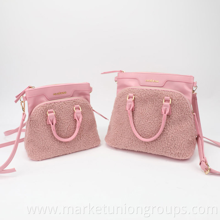 Pink Wool Winter Lambs Sherpa PU Multifunctional Shoulder Handbag Lady Tote Bag Set